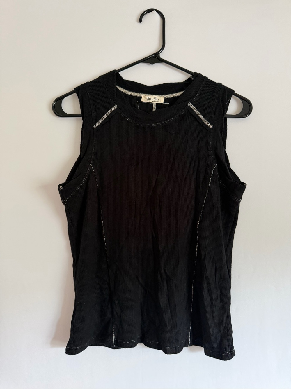 Miss Me Black Ribbed Sleeveless Tank with Contrast Stitching Size L